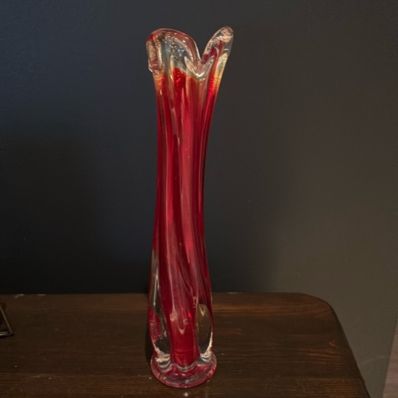 Other - Vintage Art Glass Swung Bud Vase Red Twisted Three Finger Mid Century 9.5” Tall